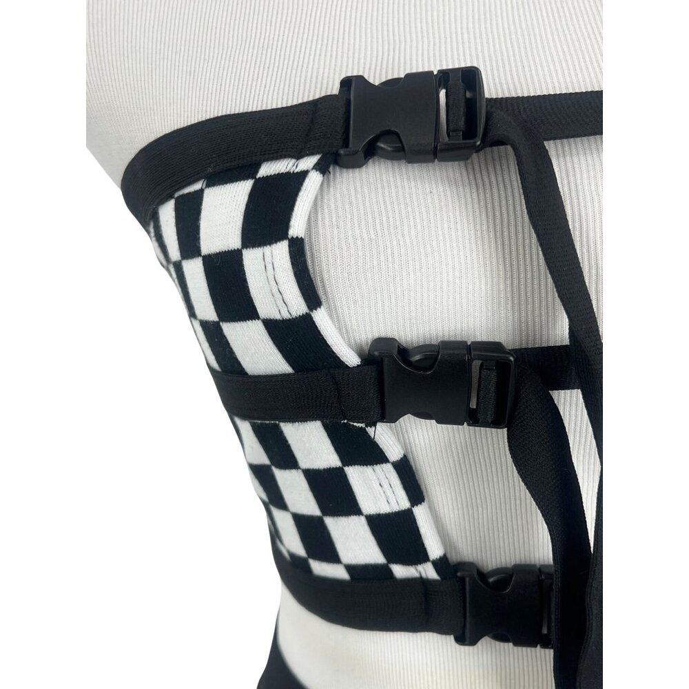 Checkered Black White Buckle Front Crop Top & Mini Skirt 2 Piece Set | Rave EDM - Picture 5 of 16